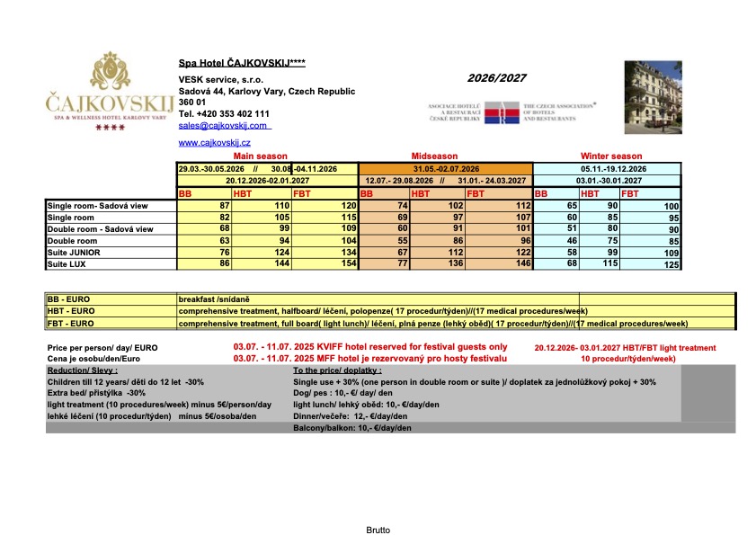 Ceník Čajkovskij 2026/2027