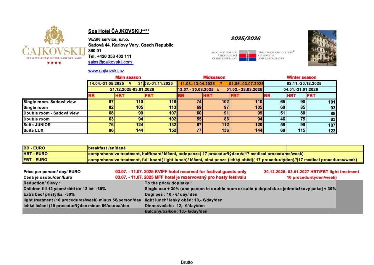 Ceník ubytování 2025/2026